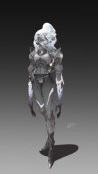 Rule 34 | 1girl, absurdres, armor, bone, breasts, full body, gradient background, grey background, highres, liquid, monster girl, original, push-button, shadow, small breasts, solo, standing, zuosi zhichu