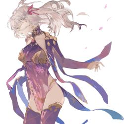 Rule 34 | 1girl, character request, closed eyes, collarbone, covered navel, earrings, fate (series), grey hair, hair ribbon, highres, jewelry, kama (fate), kama (second ascension) (fate), long hair, parted lips, petals, pink ribbon, purple thighhighs, ribbon, simple background, single earring, sketch, solo, surume (su1193), thighhighs, turtleneck, white bag