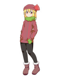Rule 34 | 1girl, alternate costume, blonde hair, boots, cato (monocatienus), commentary request, fur-trimmed boots, fur trim, green scarf, hat, looking at viewer, mittens, pantyhose, red eyes, rumia, scarf, short hair, simple background, smile, solo, touhou, white background