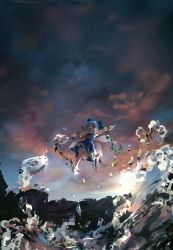 Rule 34 | 1girl, arms up, barefoot, blue bow, blue dress, blue eyes, blue hair, blue sky, bow, cirno, cloud, cloudy sky, collar, collared shirt, dress, flower, flying, hands up, highres, ice, ice wings, lake, leaf, looking to the side, one eye closed, open mouth, pants, puffy short sleeves, puffy sleeves, red neckwear, shadow, shirt, short hair, short sleeves, sky, smile, solo, sunflower, sunlight, touhou, ushitsuchi, water, white pants, white shirt, wings, yellow flower