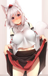 Rule 34 | 1girl, aki (akikaze asparagus), animal ears, bare shoulders, black skirt, blush, closed mouth, clothes lift, cowboy shot, day, detached sleeves, hair between eyes, hat, head tilt, highres, holding, indoors, inubashiri momiji, leaning to the side, lifting own clothes, looking at viewer, medium hair, midriff, miniskirt, multicolored clothes, multicolored skirt, pom pom (clothes), red eyes, red skirt, ribbon-trimmed sleeves, ribbon trim, shirt, silver hair, skirt, skirt lift, sleeveless, sleeveless shirt, slit pupils, smile, solo, stomach, tail, tokin hat, touhou, white shirt, wide sleeves, window, wolf ears, wolf tail