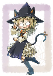 Rule 34 | 1girl, animal ears, animal print, black dress, blonde hair, bow, braid, cat ears, cat print, cat tail, chamaji, claws, commentary request, costume, dress, facial mark, frilled dress, frills, hair between eyes, halloween, hat, highres, kirisame marisa, long sleeves, looking at viewer, o o, paw pose, puffy sleeves, ribbon, short hair, side braid, simple background, single braid, smile, solo, tail, tail ornament, tail ribbon, touhou, whisker markings, witch hat