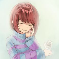 Rule 34 | ^ ^, androgynous, brown hair, closed eyes, frisk (undertale), gender request, hand in own hair, hand on own cheek, hand on own face, heart, long sleeves, saturnspace, smile, solo, striped clothes, striped sweater, sweater, turtleneck, undertale, upper body