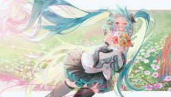 Rule 34 | 1girl, absurdres, bare shoulders, black skirt, black thighhighs, blouse, blue border, blue eyes, blue hair, border, bouquet, bubble, bug, butterfly, circle, clenched teeth, cowboy shot, detached sleeves, dutch angle, eyelashes, field, floating hair, flower, flower field, grass, happy, hatsune miku, hatsune miku (nt), highres, huge filesize, insect, light particles, long hair, looking at viewer, messy hair, one eye closed, orange flower, piapro, pink flower, pleated skirt, purple flower, see-through, see-through sleeves, shirt, sidelighting, skirt, sleeveless, sleeveless shirt, smile, solo, string, stuko, teeth, thighhighs, twintails, very long hair, vocaloid, white butterfly, white flower, white shirt, zettai ryouiki