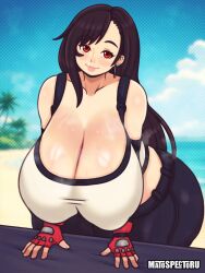 Rule 34 | 1girl, ass, beach, black hair, breasts, checkered background, curvy, earrings, female focus, final fantasy, final fantasy vii, final fantasy vii remake, gigantic breasts, highres, huge ass, jewelry, long hair, mato spectoru, red eyes, solo, tagme, thick thighs, thighs, tifa lockhart, tree, water