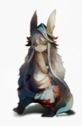 Rule 34 | 1girl, 1other, animal ears, blurry, closed mouth, cui (jidanhaidaitang), depth of field, ears through headwear, full body, furry, green eyes, grey hair, hand up, helmet, highres, horizontal pupils, looking at viewer, made in abyss, nanachi (made in abyss), pants, puffy pants, rabbit ears, simple background, solo, standing, tail, whiskers, white background, white hair, yellow eyes