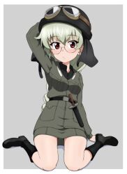 Rule 34 | 1girl, anchovy (girls und panzer), anzio military uniform, arm up, bespectacled, black-framed eyewear, black footwear, boots, breast pocket, breasts, brown eyes, full body, girls und panzer, glasses, goggles, goggles on headwear, green hair, helmet, kayabakoro, knee boots, long hair, looking at viewer, medium breasts, pocket, round eyewear, sitting, solo, wariza
