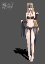 Rule 34 | 1girl, absurdres, artist name, bare shoulders, barefoot, bikini, black bikini, blonde hair, braid, breasts, character name, cleavage, clothes lift, collarbone, commentary, copyright name, covered eyes, d-cao, dark souls (series), dark souls iii, dated, facing viewer, fire keeper, full body, gluteal fold, grey background, highres, jewelry, large breasts, lifting own clothes, long hair, mask, navel, necklace, open mouth, sarong, sarong lift, shadow, simple background, single braid, socks, solo, standing, swimsuit, toeless legwear, toes, very long hair, wavy mouth, wrist wrap