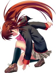 Rule 34 | 1girl, absurdres, bad id, bad pixiv id, bow, brown hair, full body, highres, kneehighs, little busters!, long hair, natsume rin, oyu no kaori, pink bow, plaid, plaid skirt, ponytail, red eyes, ribbon, school uniform, skirt, socks, solo, transparent background