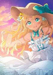 Rule 34 | 1girl, :d, aqua eyes, artist name, blonde hair, bow, commentary, dress, english commentary, flower, frills, gradient background, hair flower, hair ornament, hand up, hat, hat bow, kawanobe, long hair, looking at viewer, open mouth, original, outdoors, purple sky, sky, sleeveless, sleeveless dress, smile, straw hat, summer, sun hat, twilight, unmoving pattern, white dress