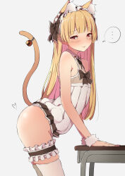 Rule 34 | ..., 1boy, absurdres, akaihoppe, animal ears, arched back, ass, bare shoulders, bell, blonde hair, blush, bridal garter, cat boy, cat ears, cat tail, closed mouth, crossdressing, dress, embarrassed, hairband, highres, jingle bell, long hair, male focus, original, red eyes, simple background, solo, spoken ellipsis, standing, tail, tail ornament, thighhighs, trap, white thighhighs