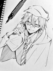 Rule 34 | 1boy, absurdres, art tools in frame, bishounen, black hair, bungou stray dogs, edogawa ranpo (bungou stray dogs), glasses, hand up, hat, highres, male focus, monochrome, necktie, nepo (neponepo216), paper, pen, short hair, smile, solo, tagme, traditional media, upper body