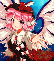 Rule 34 | 1girl, :d, animal ears, bad id, bad pixiv id, blue background, bow, bowtie, brown dress, brown hat, dress, earrings, frilled sleeves, frills, hat, jewelry, looking at viewer, mystia lorelei, open mouth, outstretched hand, pink eyes, pink hair, qqqrinkappp, shikishi, short hair, signature, single earring, smile, solo, touhou, traditional media, white wings, winged hat, wings