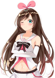 Rule 34 | 1girl, absurdres, bad id, bad pixiv id, bare shoulders, black ribbon, blue eyes, blush, breasts, brown hair, catnnn, collarbone, commentary, frown, gloves, hairband, highres, kizuna ai, kizuna ai inc., large breasts, long hair, looking at viewer, navel, one eye closed, pink hairband, ribbon, simple background, solo, tsundere, virtual youtuber, white background, white gloves