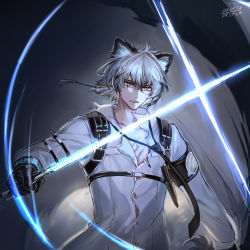 Rule 34 | 1boy, animal ears, arknights, armband, artist name, black gloves, canata katana, clenched teeth, commentary request, energy sword, gloves, grey background, grey eyes, hair between eyes, highres, holding, holding sword, holding weapon, leopard ears, lightsaber, long sleeves, male focus, scar, shirt, signature, silver hair, silverash (arknights), silverash (elite ii) (arknights), sword, teeth, upper body, weapon, white shirt