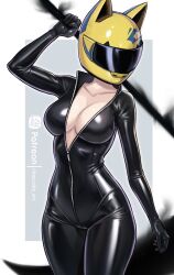 Rule 34 | 1girl, absurdres, animal helmet, biker clothes, bikesuit, black bikesuit, black bodysuit, bodysuit, breasts, celty sturluson, chascoby, collarbone, commentary, dullahan, durarara!!, english commentary, facing to the side, helmet, highres, holding, holding scythe, large breasts, motorcycle helmet, partially unzipped, patreon username, scythe, simple background, solo