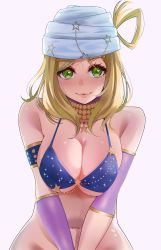 Rule 34 | 1girl, asymmetrical sleeves, bikini, blonde hair, blue bikini, blush, breasts squeezed together, breasts, detached sleeves, green eyes, head scarf, highres, igarashi kyouhei, large breasts, long hair, looking at viewer, love live!, love live! sunshine!!, medium hair, navel, ohara mari, simple background, smile, solo, swimsuit, uneven sleeves, upper body, white background