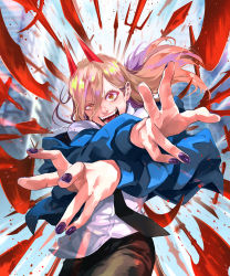Rule 34 | 1girl, black nails, black necktie, black pants, blonde hair, blood, blood sword, blue hoodie, chainsaw man, commentary request, cross-shaped pupils, crosshair pupils, demon girl, demon horns, facing viewer, hemokinesis, highres, hood, hoodie, horns, long hair, looking at viewer, monster girl, moroi, nail polish, necktie, open mouth, outstretched arms, pants, power (chainsaw man), red horns, sharp teeth, shirt, shirt partially tucked in, solo, symbol-shaped pupils, teeth, weapon, white shirt