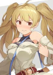 Rule 34 | 1girl, ahoge, armpits, bandaid, bandaid on cheek, bandaid on face, bare shoulders, belt, belt buckle, between breasts, blonde hair, blush, breasts, brown belt, brown eyes, buckle, buttons, closed mouth, commentary request, embarrassed, granblue fantasy, hinami (hinatamizu), long hair, long sleeves, looking at viewer, medium breasts, monika weisswind, off-shoulder shirt, off shoulder, shirt, simple background, solo, strap between breasts, sweat, sweatdrop, twintails, upper body, v-shaped eyebrows, white background