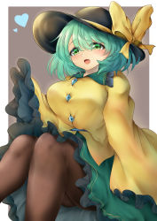 Rule 34 | 1girl, :d, absurdres, ass, black hat, black pantyhose, blush, bow, breasts, feet out of frame, frilled sleeves, frills, green eyes, green hair, green skirt, hair between eyes, hat, heart, highres, komeiji koishi, long sleeves, open mouth, pantyhose, poke200, ribbon, shirt, short hair, simple background, sitting, skirt, sleeves past fingers, sleeves past wrists, smile, solo, third eye, touhou, wide sleeves, yellow bow, yellow shirt
