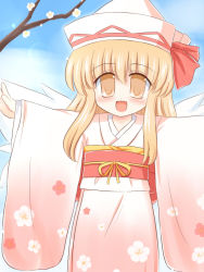 Rule 34 | 1girl, blonde hair, female focus, hat, japanese clothes, kimono, lily white, long hair, matching hair/eyes, orange eyes, orange hair, outdoors, outstretched arms, ry (yagoyago), sky, solo, spread arms, touhou