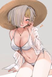 Rule 34 | 1girl, breasts, grey eyes, grey hair, highres, kromer (project moon), large breasts, limbus company, looking at viewer, medium hair, migishita, multicolored hair, one eye covered, project moon, simple background, solo, two-tone hair