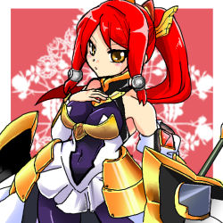 Rule 34 | 1girl, arc system works, armor, armored dress, bare shoulders, blazblue, blazblue: chronophantasma, breasts, detached sleeves, faulds, hair ornament, hair tubes, halterneck, izayoi (blazblue), large breasts, long hair, orange eyes, ponytail, red hair, shield, solo, yukia (firstaid0)