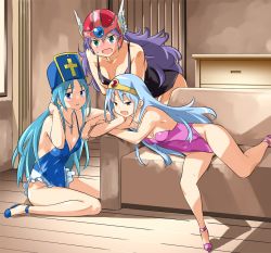 Rule 34 | 3girls, aqua hair, blue eyes, blue hair, blue headwear, blush, breasts, circlet, cleavage, closed mouth, commentary request, cross, cross print, curly hair, dragon quest, dragon quest iii, dress, hat, helmet, imaichi, light blue hair, long hair, looking at viewer, medium breasts, multiple girls, open mouth, priest (dq3), print headwear, purple hair, sage (dq3), small breasts, smile, soldier (dq3), swimsuit, winged helmet