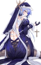 Rule 34 | 1girl, absurdres, arknights, ass, backless dress, backless outfit, black gloves, black pantyhose, blue dress, blue hair, blue headwear, commentary, cross, dress, earrings, from behind, gloves, habit, highres, jewelry, looking back, official alternate costume, pantyhose, purple eyes, putcho, short hair, simple background, sitting, stud earrings, wariza, whisperain (arknights), whisperain (priory of abyss) (arknights), white background