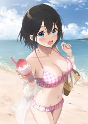 1girl :d azuki_yui bag beach bikini black_hair blue_eyes blue_sky blush breasts cleavage cloud commentary_request day food frilled_bikini frills hair_between_eyes highres holding holding_food looking_at_viewer medium_breasts navel ocean open_mouth original outdoors pink_bikini plaid_bikini plaid_clothes shaved_ice short_hair shoulder_bag sky smile solo standing swimsuit