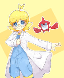 Rule 34 | 1boy, ahoge, akasaka (qv92612), blonde hair, blush, bright pupils, clemont (pokemon), closed mouth, commentary request, cowboy shot, creatures (company), game freak, gen 4 pokemon, grey eyes, highres, jumpsuit, lab coat, long sleeves, looking at viewer, male focus, medium hair, nintendo, outline, outstretched arm, pokemon, pokemon (creature), pokemon xy, rotom, rotom dex, smile, split mouth, white pupils