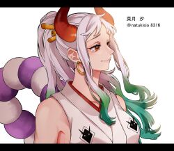 Rule 34 | 1girl, artist name, bare shoulders, closed mouth, commentary request, earrings, green hair, hair ornament, hair stick, happy tears, highres, hoop earrings, horns, jewelry, letterboxed, long hair, multicolored hair, natsuki shio, one piece, oni, oni horns, ponytail, rope, shimenawa, smile, solo, tears, translation request, white hair, yamato (one piece)