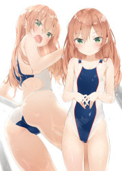 Rule 34 | 1girl, ass, backless outfit, backless swimsuit, bare arms, bare shoulders, blue one-piece swimsuit, blush, brown hair, closed mouth, commentary request, competition swimsuit, gluteal fold, green eyes, groin, hair between eyes, highres, kani biimu, long hair, multiple views, one-piece swimsuit, open mouth, original, simple background, swimsuit, wet, wet hair, white background