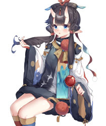 Rule 34 | 1girl, absurdres, aqua ribbon, asymmetrical footwear, blue footwear, blush, boots, candy apple, dress, feet out of frame, food, fur-trimmed sleeves, fur trim, guzangnanfeng, hair bun, hair ornament, hair ribbon, hair stick, highres, holding, holding food, holding own hair, horns, invisible chair, knee boots, long hair, long sleeves, mismatched footwear, mizura, oni horns, original, parted lips, pointy ears, pom pom (clothes), red footwear, red ribbon, ribbon, short dress, sidelocks, simple background, single hair bun, sitting, tress ribbon, turtleneck, two-sided fabric, two-tone ribbon, white background, wide sleeves