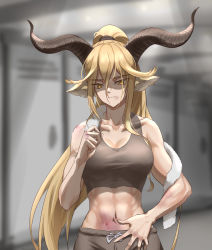 Rule 34 | 1girl, abs, absurdres, animal ears, arknights, artist name, bare shoulders, blonde hair, blood, blurry, blurry background, breasts, brown eyes, bruise, bruise on face, cleavage, closed mouth, collarbone, commentary, cursna, degenbrecher (arknights), depth of field, goat ears, goat girl, goat horns, hair between eyes, hand on own stomach, highres, horns, indoors, injury, large breasts, locker, locker room, long hair, looking down, navel, scar, scar on stomach, shaded face, sidelocks, solo, sports bra, stomach, towel, towel around neck, upper body, v-shaped eyebrows, very long hair