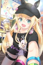 Rule 34 | 1girl, :d, absurdres, albacore (azur lane), alternate costume, animal ear headwear, animal ears, ayanami (azur lane), azur lane, bare shoulders, belt, black hat, black shirt, black thighhighs, blonde hair, blush, bubble tea, casual, character print, cup, fake animal ears, green eyes, hand up, happy, hat, hat pin, headphones, headphones around neck, highres, holding, holding cup, laffey (azur lane), leaning forward, long hair, looking at viewer, makina9696, manjuu (azur lane), no pants, off-shoulder shirt, off shoulder, open mouth, outstretched arm, shirt, single thighhigh, smile, solo, star (symbol), star in eye, symbol in eye, thigh strap, thighhighs, universal bulin (azur lane), very long hair, z23 (azur lane)