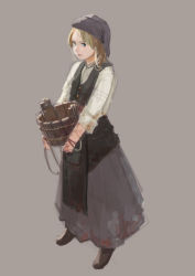 Rule 34 | 1girl, bad id, bad pixiv id, blonde hair, blue eyes, boots, bucket, buttons, carrying, dress, grey background, holding, ishidah, long hair, looking at viewer, original, peasant, rope, simple background, sleeves pushed up, solo, stained clothes, vest, wooden bucket