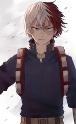 Rule 34 | 1boy, absurdres, belt, belt buckle, blue eyes, boku no hero academia, brown belt, buckle, burn scar, closed mouth, commentary request, frown, grey background, hair between eyes, heterochromia, high collar, highres, hyakki non, jacket, looking at viewer, male focus, multicolored hair, red hair, scar, short hair, simple background, solo, todoroki shouto, two-tone hair, upper body, white hair