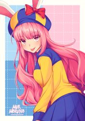 Rule 34 | 1girl, absurdres, animal ears, artist name, blue skirt, bow, breasts, crush crush, hat, highres, huge filesize, long hair, long sleeves, looking at viewer, mur (crush crush), murmoruno, open mouth, pink eyes, pink hair, pleated skirt, rabbit ears, red bow, skirt, solo, striped clothes, striped headwear, tongue, tongue out