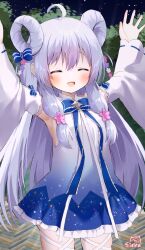 Rule 34 | 1girl, ^ ^, ahoge, arms up, blue bow, blue dress, blue hair, blush, bow, breasts, closed eyes, commission, detached sleeves, dress, facing viewer, flower, flower knight girl, frilled dress, frills, gradient dress, hair between eyes, hair flower, hair ornament, hair rings, highres, long hair, long sleeves, night, night sky, outdoors, pink flower, purple flower, ribbon-trimmed sleeves, ribbon trim, siera (sieracitrus), signature, skeb commission, skindentation, sky, sleeveless, sleeveless dress, sleeves past wrists, small breasts, solo, standing, star (sky), starry sky, striped, striped bow, sutera (flower knight girl), very long hair, white dress, white flower, wide sleeves