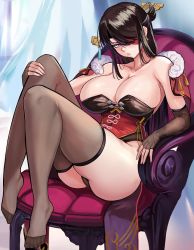 Rule 34 | 1girl, absurdres, ass, beidou (genshin impact), black hair, black leotard, black thighhighs, breasts, bridal gauntlets, cape, chair, corset, eyepatch, genshin impact, hair ornament, half updo, highres, knee up, large breasts, leotard, looking at viewer, loooyd, no shoes, orange eyes, sitting, skindentation, solo, thighhighs, thighs