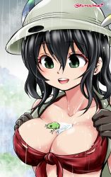 Rule 34 | 10s, 1girl, :d, aged up, alternate breast size, backpack, bag, bikini, bikini top only, black gloves, black hair, blush, breasts, bucket hat, bust cup, cleavage, collarbone, frog, front-tie top, gloves, green eyes, hair between eyes, hat, hat feather, highres, kaban (kemono friends), kemono friends, kuroba dam, large breasts, open mouth, rain, red bikini, smile, solo, swimsuit, torn bikini, torn clothes, twitter username, upper body, water, wet