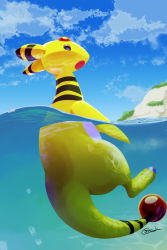 Rule 34 | :o, absurdres, afloat, ampharos, cloud, commentary request, creatures (company), day, from side, full body, game freak, gen 2 pokemon, highres, nintendo, ocean, open mouth, outdoors, partially underwater shot, pokemon, pokemon (creature), signature, sky, underwater, water, zigrock