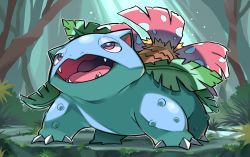 Rule 34 | bright pupils, claws, commentary request, creatures (company), day, fangs, forest, full body, game freak, gen 1 pokemon, hyou (hyouga617), looking up, nature, nintendo, no humans, open mouth, outdoors, pink eyes, pokemon, pokemon (creature), solo, tongue, venusaur, white pupils