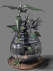 Rule 34 | bonsai, fish, fishbowl, grey background, komota (kanyou shoujo), no humans, original, plant, potted plant, simple background, still life