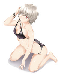 Rule 34 | 1girl, arched back, arizuka (catacombe), bags under eyes, bikini, bikini in mouth, black bikini, bracelet, breasts, brown hair, cleavage, clothes in mouth, female focus, highres, jewelry, kneeling, large breasts, mouth hold, original, red eyes, short hair, simple background, solo, swimsuit, untied bikini, white background