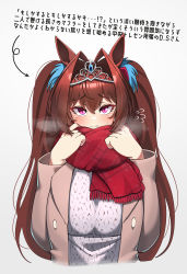Rule 34 | 1girl, absurdres, animal ears, aran sweater, blush, bow, breath, brown hair, cable knit, closed mouth, coat, daiwa scarlet (umamusume), fang, flying sweatdrops, gradient background, grey background, hair between eyes, hair bow, hair intakes, hands up, highres, horse ears, horse girl, konoshige (ryuun), long hair, looking at viewer, open clothes, open coat, pink eyes, red bow, red scarf, scarf, solo, sweatdrop, sweater, tiara, translation request, twintails, umamusume, upper body