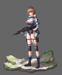 Rule 34 | 1girl, absurdres, assault rifle, boots, breasts, brown eyes, brown hair, brownie (last origin), cleavage cutout, clothing cutout, fingerless gloves, full body, gloves, goggles, goggles on head, grey background, gun, highres, knee pads, last origin, leotard, medium breasts, poper (arin sel), rifle, short hair, simple background, smile, solo, weapon