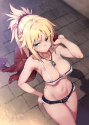 Rule 34 | 1girl, alternate breast size, armpits, artist name, blonde hair, braid, breasts, cleavage, closed mouth, cowboy shot, cutoffs, denim, denim shorts, dutch angle, fate/apocrypha, fate/grand order, fate (series), french braid, green eyes, hair ornament, hand on own hip, highres, jacket, jacket over shoulder, unworn jacket, jewelry, medium breasts, micro shorts, midriff, mordred (fate), mordred (fate/apocrypha), mordred (memories at trifas) (fate), navel, necklace, ponytail, revealing clothes, scrunchie, short shorts, shorts, solo, strapless, try (lsc), tube top, twitter username