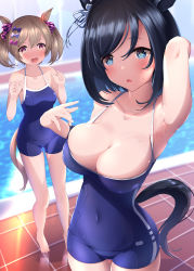Rule 34 | 2girls, :o, @ @, absurdres, animal ears, arm behind head, arm up, armpits, barefoot, black hair, blue eyes, blue one-piece swimsuit, blush, bow, breast envy, breasts, brown hair, bursting breasts, cleavage, collarbone, competition school swimsuit, competition swimsuit, covered navel, cowboy shot, eishin flash (umamusume), expressionless, feet, female focus, hair bow, hair ornament, highres, horse ears, horse girl, horse tail, indoors, large breasts, looking at another, looking at viewer, medium breasts, medium hair, multiple girls, one-piece swimsuit, open mouth, pink eyes, pool, school swimsuit, scrunchie, skindentation, smart falcon (umamusume), solo focus, standing, surprised arms, swept bangs, swimsuit, tail, tetori (tetolisto), thighs, twintails, umamusume, water